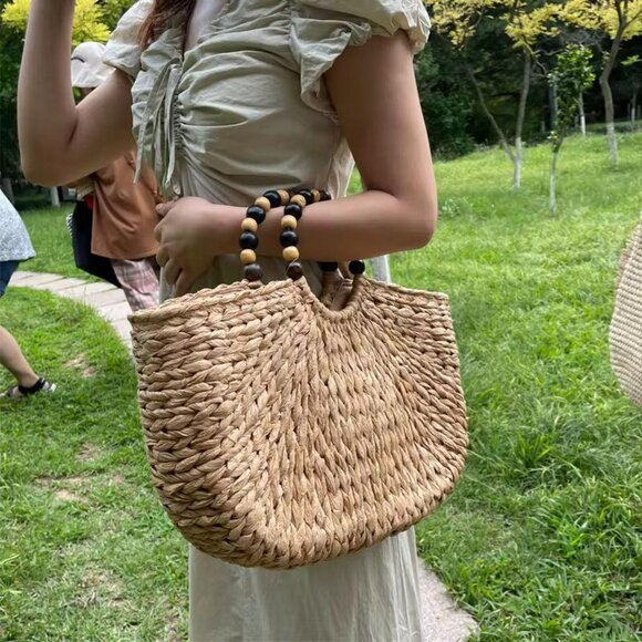 Handmade Woven Straw Bag with Wooden Bead Handles | Vacation Beach Bag| Gift - Picture 2 of 13